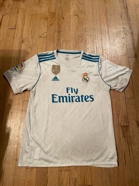 Adidas White and Teal Real Madrid Fly Emirates Jersey